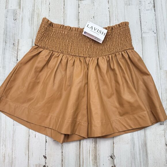 Lavish Pants - New Soft Vegan Leather Pleated Mini Shorts Cognac Carmel Medium Smocked Waist